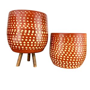 Beyaz Nokta Desenli Toprak Saksı Saksılık Salon Çiçeklik İkili Set Ayaksız - 3 Ayaklı- 19 Cm