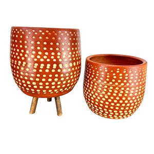 Bitki Tasarımı  Beyaz Nokta Desenli Toprak Saksı Saksılık Salon Çiçeklik İkili Set Ayaksız - 3 Ayaklı- 19 Cm