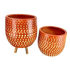 Bitki Tasarımı  Beyaz Nokta Desenli Toprak Saksı Saksılık Salon Çiçeklik İkili Set Ayaksız - 3 Ayaklı- 19 Cm