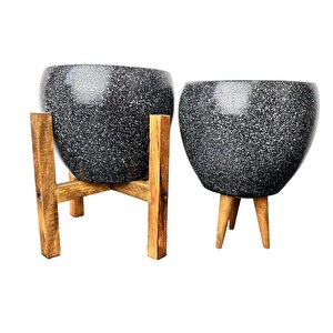Siyah Granit Toprak Saksı Saksılık Salon Çiçeklik İkili Set 3 Ayaklı- 4 Ayaklı- 15 Cm