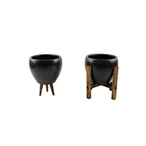 Ev Dekorasyon Siyah Granit Toprak Saksı Saksılık Salon Çiçeklik İkili Set 3 Ayaklı- 4 Ayaklı- 15 Cm
