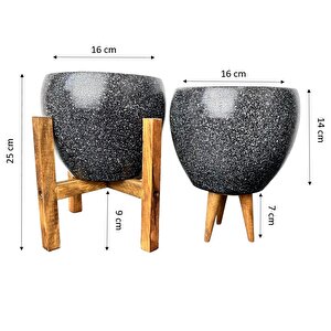 Siyah Granit Toprak Saksı Saksılık Salon Çiçeklik İkili Set 3 Ayaklı- 4 Ayaklı- 15 Cm