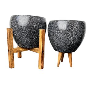 Siyah Granit Toprak Saksı Saksılık Salon Çiçeklik İkili Set 3 Ayaklı- 4 Ayaklı- 15 Cm