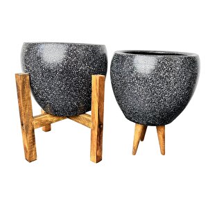 Bitki Tasarımı Siyah Granit Toprak Saksı Saksılık Salon Çiçeklik İkili Set 3 Ayaklı- 4 Ayaklı- 15 Cm