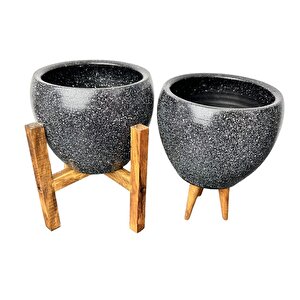 Bitki Tasarımı Siyah Granit Toprak Saksı Saksılık Salon Çiçeklik İkili Set 3 Ayaklı- 4 Ayaklı- 15 Cm
