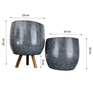 Gri Granit Toprak Saksı Saksılık Salon Çiçeklik İkili Set Ayaksız - 3 Ayaklı- 19 Cm