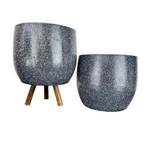 Bitki Tasarımı Gri Granit Toprak Saksı Saksılık Salon Çiçeklik İkili Set Ayaksız - 3 Ayaklı- 19 Cm