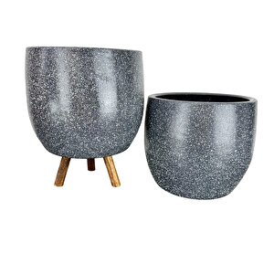 Bitki Tasarımı Gri Granit Toprak Saksı Saksılık Salon Çiçeklik İkili Set Ayaksız - 3 Ayaklı- 19 Cm