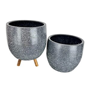 Bitki Tasarımı Gri Granit Toprak Saksı Saksılık Salon Çiçeklik İkili Set Ayaksız - 3 Ayaklı- 19 Cm
