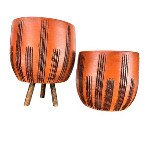 Siyah Çizgi Desenli Toprak Saksı Saksılık Salon Çiçeklik İkili Set Ayaksız - 3 Ayaklı- 19 Cm