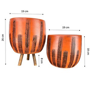 Siyah Çizgi Desenli Toprak Saksı Saksılık Salon Çiçeklik İkili Set Ayaksız - 3 Ayaklı- 19 Cm