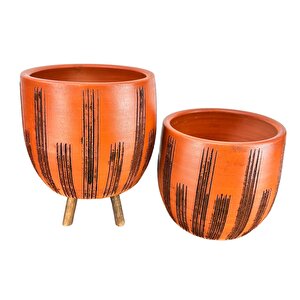 Bitki Tasarımı  Siyah Çizgi Desenli Toprak Saksı Saksılık Salon Çiçeklik İkili Set Ayaksız - 3 Ayaklı- 19 Cm