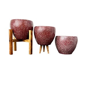 Bordo Granit Toprak Saksı Saksılık Salon Çiçeklik Üçlü Set - 15 Cm