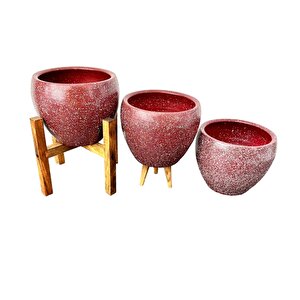 Bitki Tasarımı Bordo Granit Toprak Saksı Saksılık Salon Çiçeklik Üçlü Set - 15 Cm