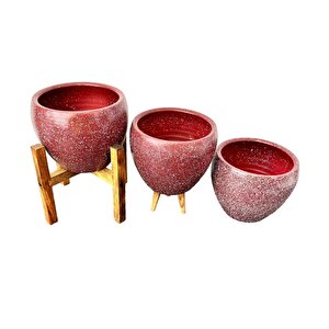 Bitki Tasarımı Bordo Granit Toprak Saksı Saksılık Salon Çiçeklik Üçlü Set - 15 Cm