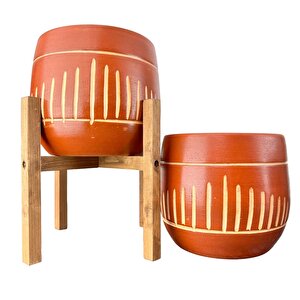 Dik Çizgi Desenli Toprak Saksı Saksılık Salon Çiçeklik İkili Set Ayaksız - 4 Ayaklı- 19 Cm