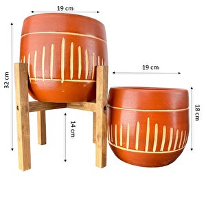 Dik Çizgi Desenli Toprak Saksı Saksılık Salon Çiçeklik İkili Set Ayaksız - 4 Ayaklı- 19 Cm