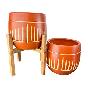 Dik Çizgi Desenli Toprak Saksı Saksılık Salon Çiçeklik İkili Set Ayaksız - 4 Ayaklı- 19 Cm