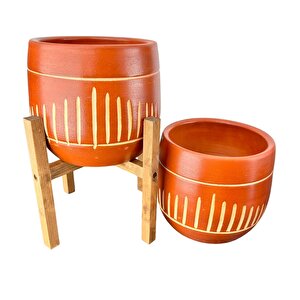 Bitki Tasarımı  Dik Çizgi Desenli Toprak Saksı Saksılık Salon Çiçeklik İkili Set Ayaksız - 4 Ayaklı- 19 Cm