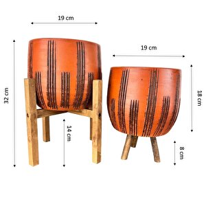 Siyah Çizgi Desenli Toprak Saksı Saksılık Salon Çiçeklik İkili Set 3 Ayaklı- 4 Ayaklı- 19 Cm