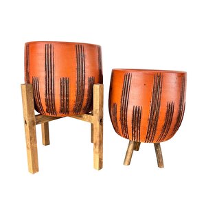 Siyah Çizgi Desenli Toprak Saksı Saksılık Salon Çiçeklik İkili Set 3 Ayaklı- 4 Ayaklı- 19 Cm