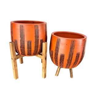 Bitki Tasarımı  Siyah Çizgi Desenli Toprak Saksı Saksılık Salon Çiçeklik İkili Set 3 Ayaklı- 4 Ayaklı- 19 Cm