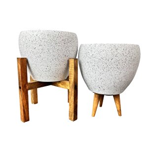 Beyaz Granit Toprak Saksı Saksılık Salon Çiçeklik İkili Set 3 Ayaklı- 4 Ayaklı- 15 Cm