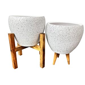 Bitki Tasarımı Beyaz Granit Toprak Saksı Saksılık Salon Çiçeklik İkili Set 3 Ayaklı- 4 Ayaklı- 15 Cm