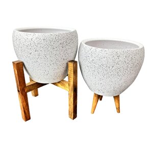 Bitki Tasarımı Beyaz Granit Toprak Saksı Saksılık Salon Çiçeklik İkili Set 3 Ayaklı- 4 Ayaklı- 15 Cm
