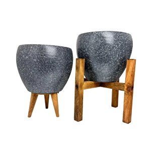 Gri Granit Toprak Saksı Saksılık Salon Çiçeklik İkili Set 3 Ayaklı- 4 Ayaklı- 15 Cm