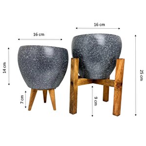 Gri Granit Toprak Saksı Saksılık Salon Çiçeklik İkili Set 3 Ayaklı- 4 Ayaklı- 15 Cm