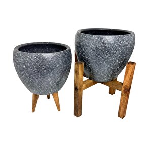 Bitki Tasarımı Gri Granit Toprak Saksı Saksılık Salon Çiçeklik İkili Set 3 Ayaklı- 4 Ayaklı- 15 Cm