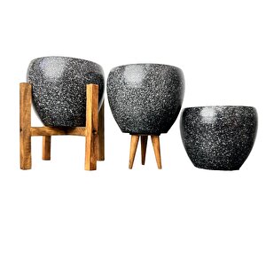Siyah Granit Toprak Saksı Saksılık Salon Çiçeklik Üçlü Set - 15 Cm