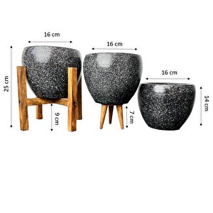 Siyah Granit Toprak Saksı Saksılık Salon Çiçeklik Üçlü Set - 15 Cm