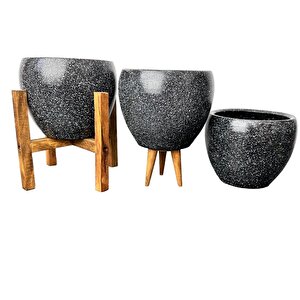 Siyah Granit Toprak Saksı Saksılık Salon Çiçeklik Üçlü Set - 15 Cm