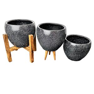 Bitki Tasarımı Siyah Granit Toprak Saksı Saksılık Salon Çiçeklik Üçlü Set - 15 Cm