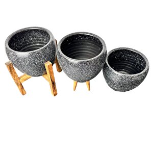 Bitki Tasarımı Siyah Granit Toprak Saksı Saksılık Salon Çiçeklik Üçlü Set - 15 Cm