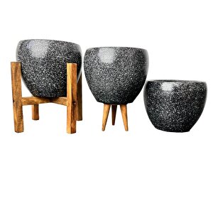 Bitki Tasarımı Siyah Granit Toprak Saksı Saksılık Salon Çiçeklik Üçlü Set - 15 Cm