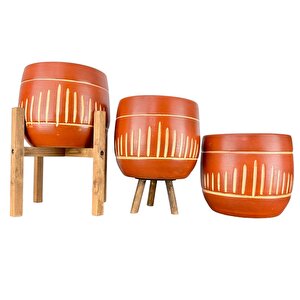 Dik Çizgi Desenli Toprak Saksı Saksılık Salon Çiçeklik Üçlü Set - 19 Cm