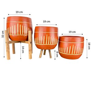 Dik Çizgi Desenli Toprak Saksı Saksılık Salon Çiçeklik Üçlü Set - 19 Cm
