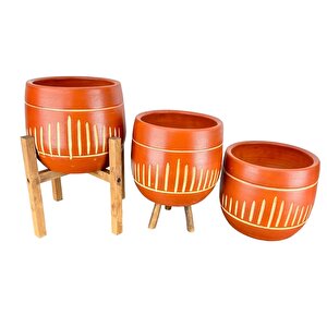 Dik Çizgi Desenli Toprak Saksı Saksılık Salon Çiçeklik Üçlü Set - 19 Cm