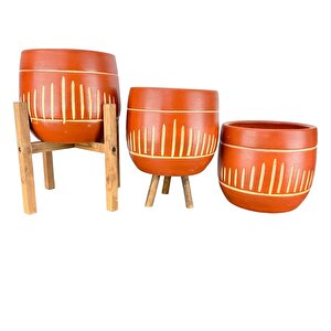 Bitki Tasarımı  Dik Çizgi Desenli Toprak Saksı Saksılık Salon Çiçeklik Üçlü Set - 19 Cm
