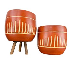 Dik Çizgi Desenli Toprak Saksı Saksılık Salon Çiçeklik İkili Set Ayaksız - 3 Ayaklı- 19 Cm