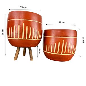 Dik Çizgi Desenli Toprak Saksı Saksılık Salon Çiçeklik İkili Set Ayaksız - 3 Ayaklı- 19 Cm