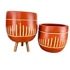 Dik Çizgi Desenli Toprak Saksı Saksılık Salon Çiçeklik İkili Set Ayaksız - 3 Ayaklı- 19 Cm