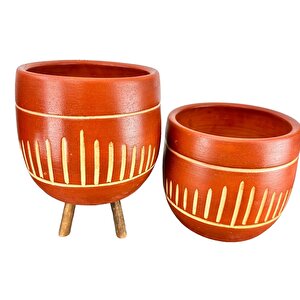 Bitki Tasarımı Dik Çizgi Desenli Toprak Saksı Saksılık Salon Çiçeklik İkili Set Ayaksız - 3 Ayaklı- 19 Cm