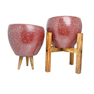 Bordo Granit Toprak Saksı Saksılık Salon Çiçeklik İkili Set 3 Ayaklı- 4 Ayaklı- 15 Cm
