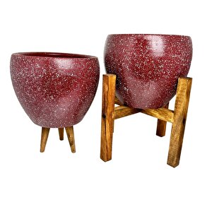 Bitki Tasarımı Bordo Granit Toprak Saksı Saksılık Salon Çiçeklik İkili Set 3 Ayaklı- 4 Ayaklı- 15 Cm