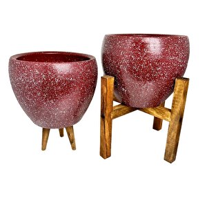 Bitki Tasarımı Bordo Granit Toprak Saksı Saksılık Salon Çiçeklik İkili Set 3 Ayaklı- 4 Ayaklı- 15 Cm