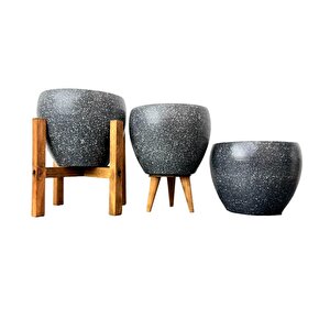 Gri Granit Toprak Saksı Saksılık Salon Çiçeklik Üçlü Set - 15 Cm